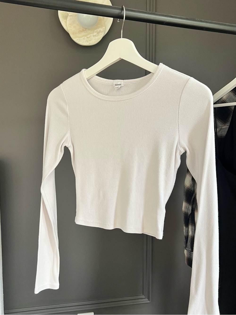 Garage White Ribbed Long Sleeve Crewneck Top